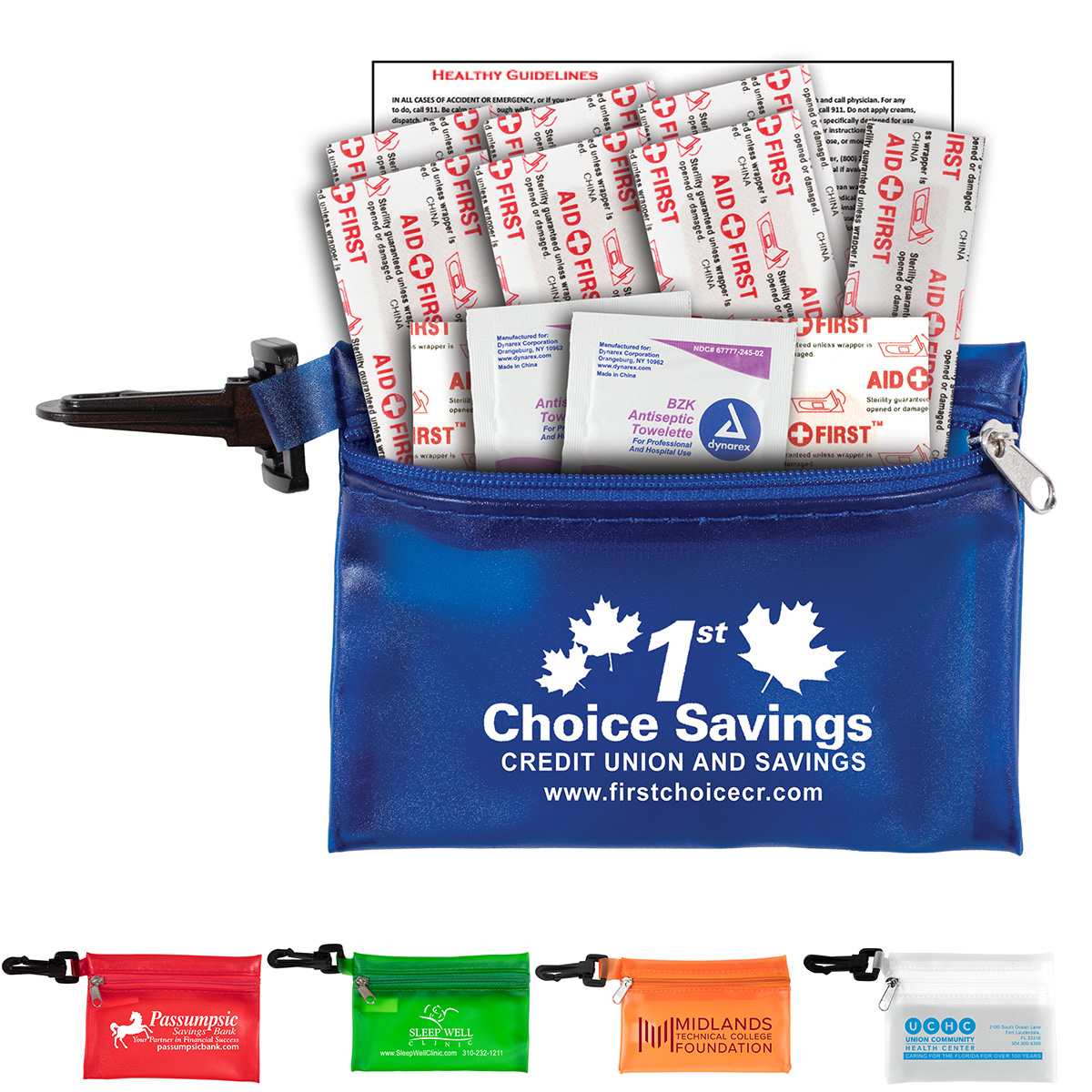 “Troutdale” 13 Piece First Aid Kit Components inserted into Translucent Zipper Pouch with Plastic Carabiner Attachment